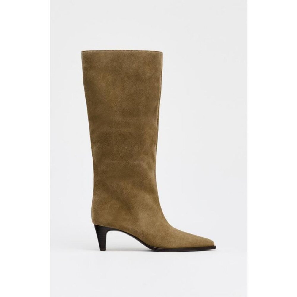 ZARA SPLIT SUEDE KITTEN HEEL BOOTS